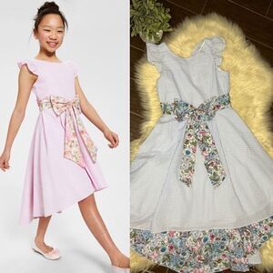 Rare Editions blue & white seersucker Sleeveless Flutter high low Dress sz 16